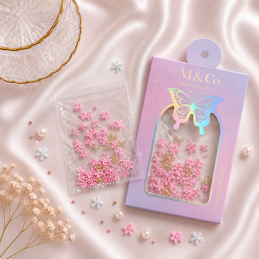 GV1117 M&Co 3D Pink Floral Nail Art Decorations Set – Five-Petal Flowers, Caviar Pearls, and Gold Bows