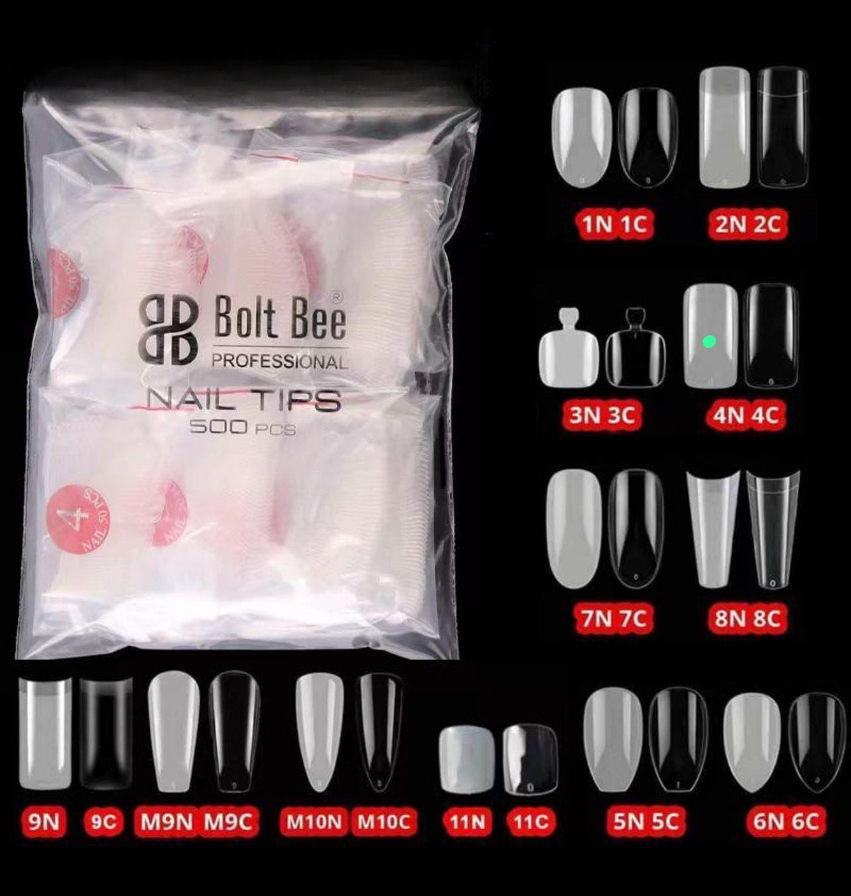 Bolt Bee Traditional Nail Tips (500 Pcs) | Professional Shapes & Sizes