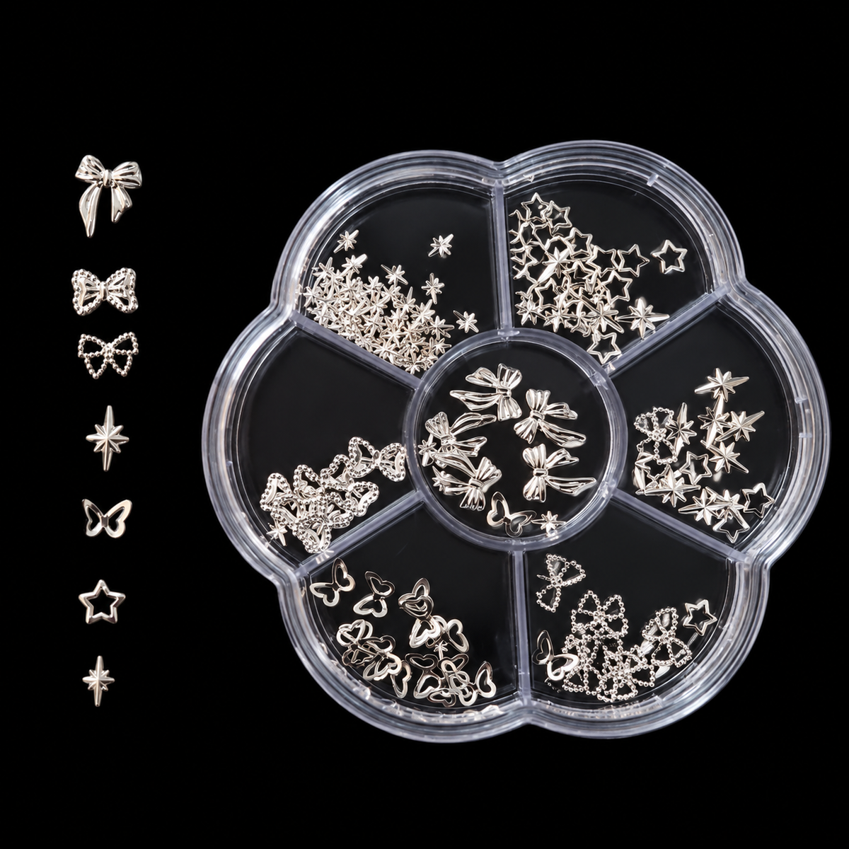GV1212 3D Silver Alloy Nail Charms Set - 7-Grid Flower Case with Seahorse, Fleur-de-Lis, 3D Hearts, Bunny Ears, Beaded Rings & Star Charms for Gel & Acrylic Nails ( Design May Vary )