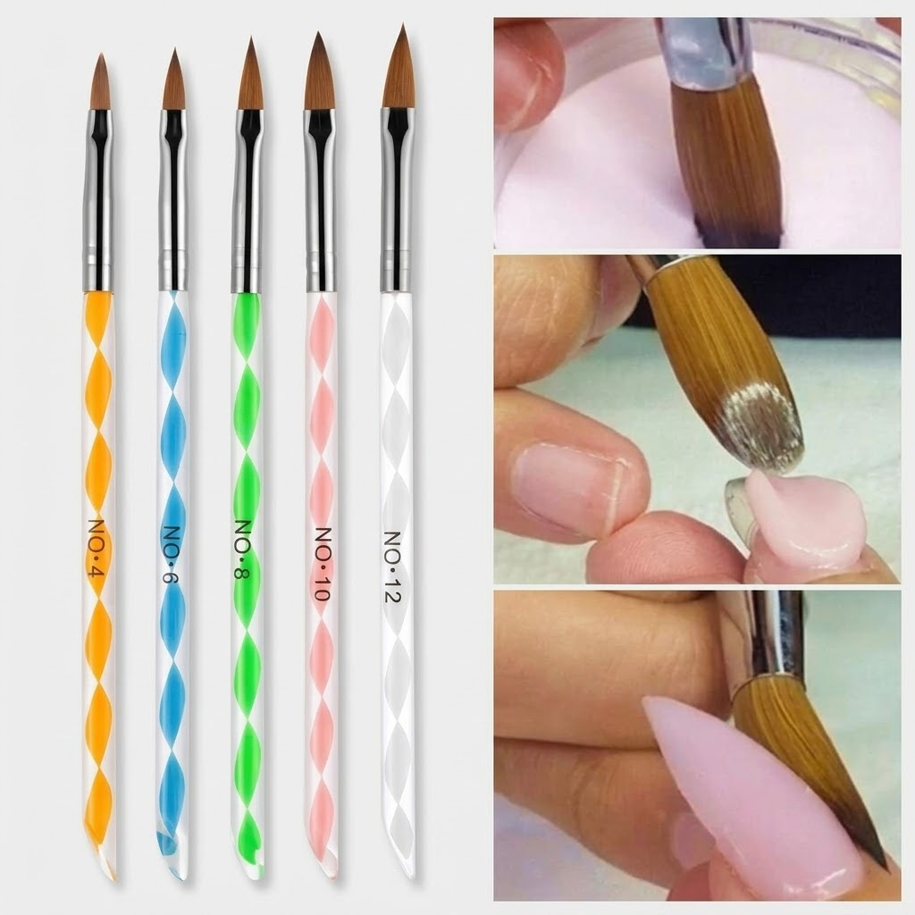 NP213 5 Pcs Professional Kolinsky Acrylic Nail Brush Set (Sizes #4, #6, #8, #10, #12) - Oval Crimp Head Sable Acrylic Powder Brushes with Color-Coded Spiral Acrylic Handles for Extension & Sculpting