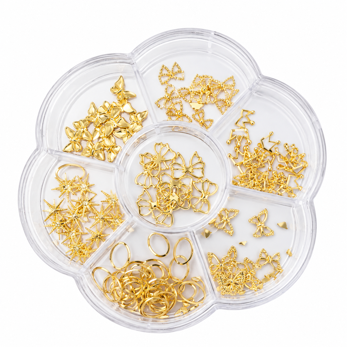 GV1214 3D Gold Alloy Nail Charms Set - 7-Grid Flower Case with Gold Butterflies, Crown Tiaras, Starbursts, Bowknots, Beaded Bows & Oval Rings for Gel, Acrylic Nails & DIY Art ( Design May Vary )