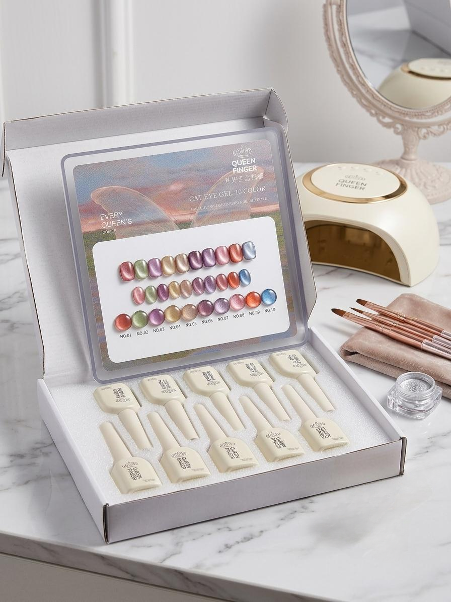 GV1192 QUEEN FINGER 10 Colors Cat Eye Gel Polish Set – Pearl/Aurora Magnetic Shimmer UV/LED Nail Gel Kit for Home & Salon Nail Art