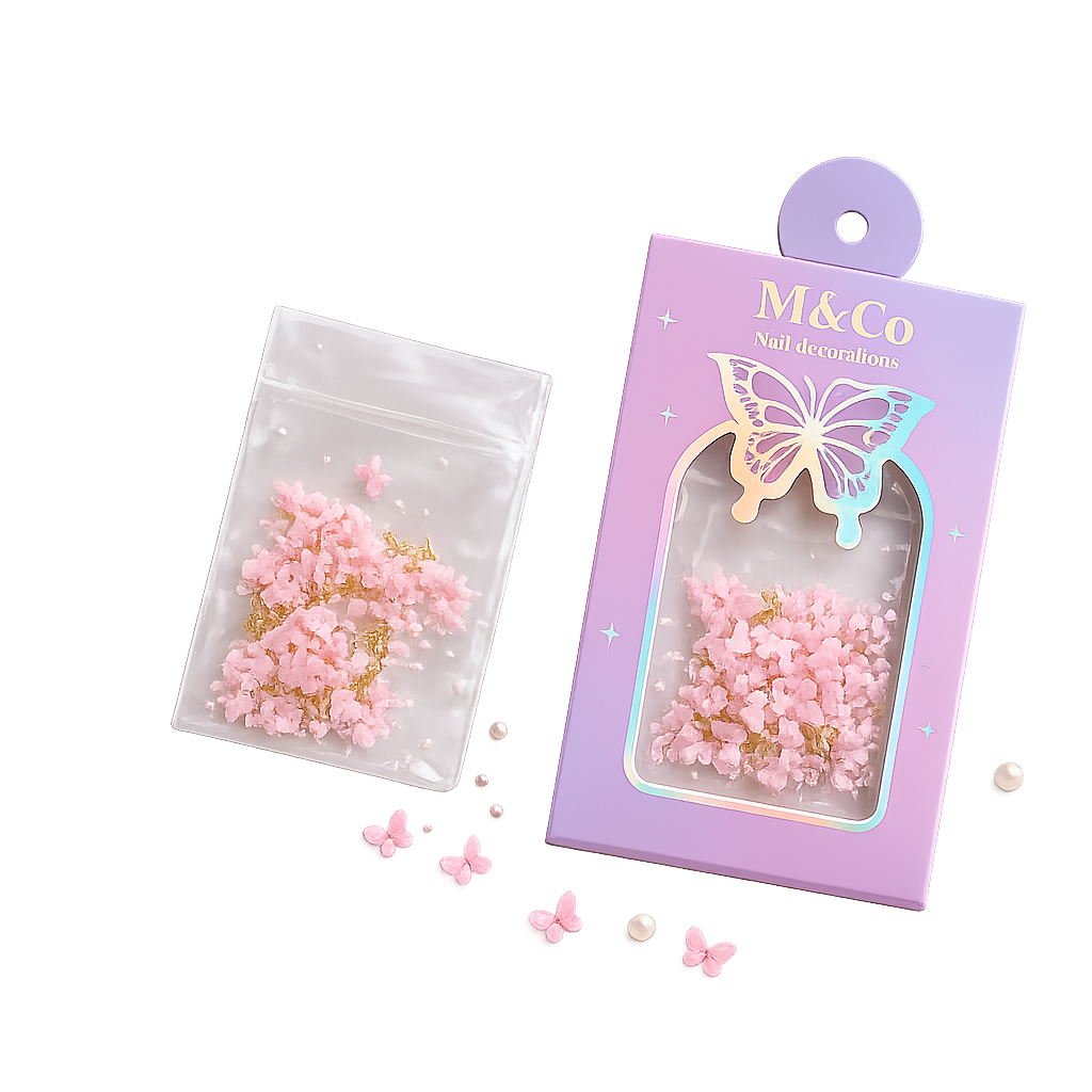 GV1114 M&Co 3D Pink Butterfly Nail Art Decorations Set – Mixed Sizes, Caviar Pearls, and Gold Accents