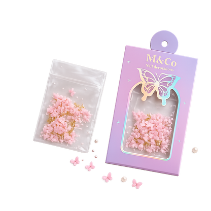 GV1114 M&Co 3D Pink Butterfly Nail Art Decorations Set – Mixed Sizes, Caviar Pearls, and Gold Accents