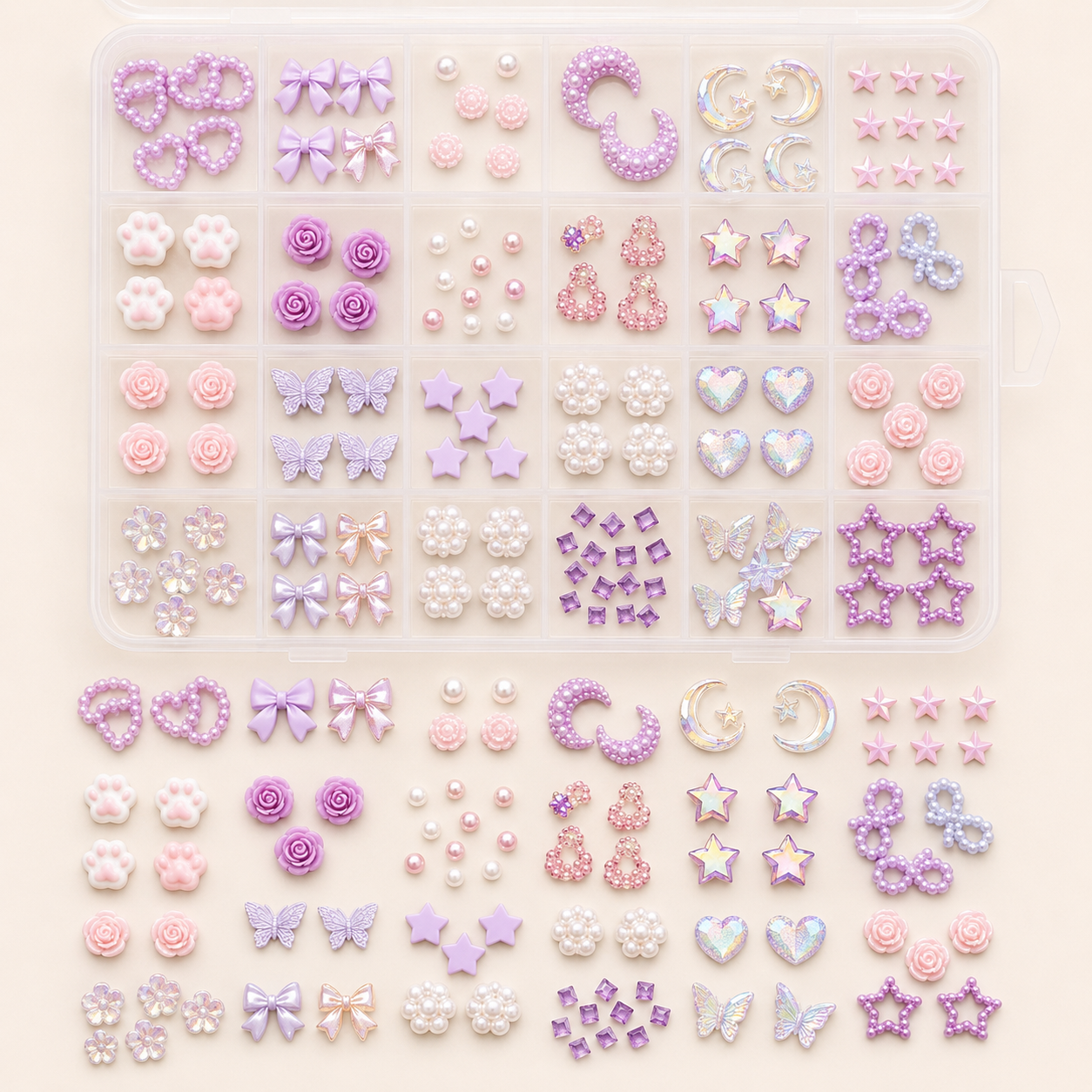 GV1104 24-Grid 3D Nail Art Charms Kit – Purple, Pink, and Pearl Pastel Gem Collection featuring Bows, Flowers, Butterflies, and Paw Prints for DIY Manicures and Crafts