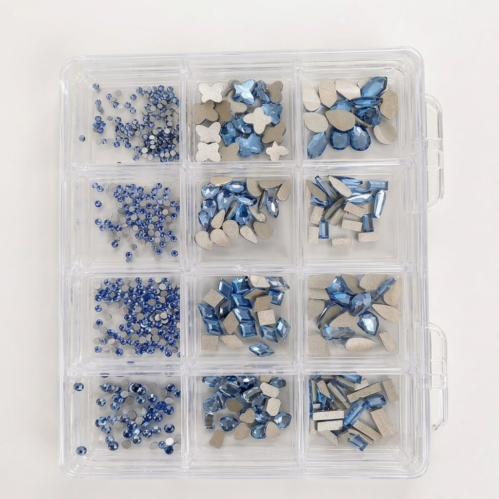 GV1156 12 Compartments Blue & Silver Rhinestone Nail Art Decoration Set, Mixed Shapes & Sizes Crystal Nail Charms for Gel Nails, Acrylic Nails, Manicure & DIY Nail Art