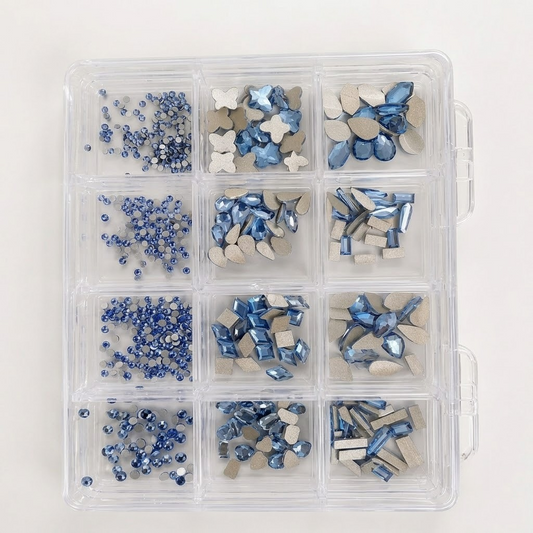 GV1156 12 Compartments Blue & Silver Rhinestone Nail Art Decoration Set, Mixed Shapes & Sizes Crystal Nail Charms for Gel Nails, Acrylic Nails, Manicure & DIY Nail Art