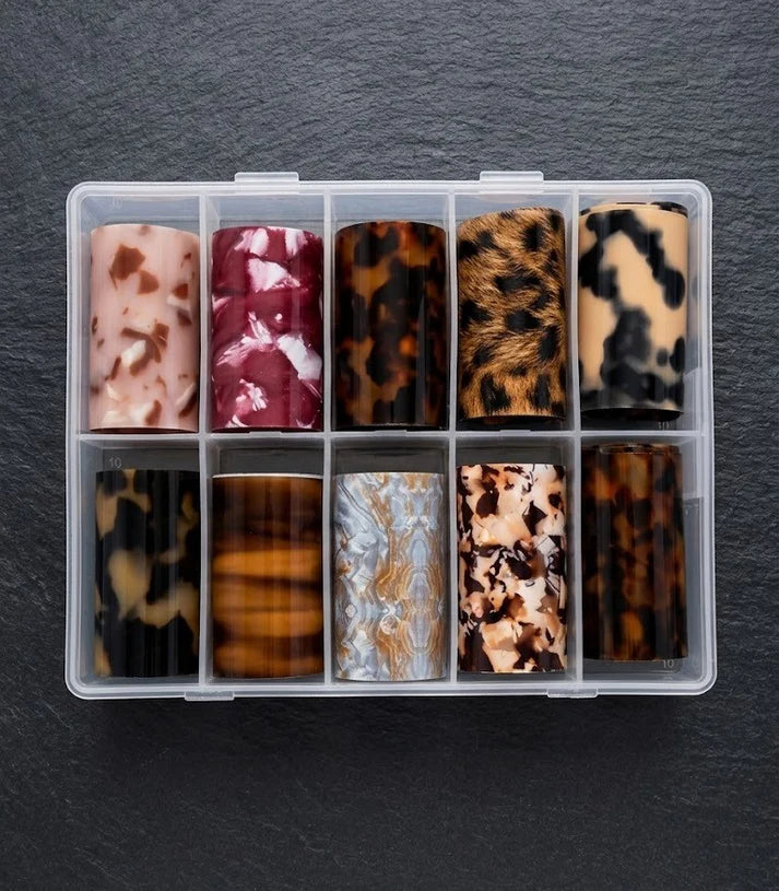 GV1091 Nail Art Transfer Foil Set – Marble, Tortoiseshell & Leopard Print Nail Foils Collection for Gel, Acrylic & DIY Nail Designs (10 Rolls)