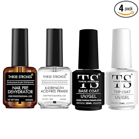 GV199 THR3E STROKES Nail Dehydrator and Primer with Gel Base & Top Coat Set, Acid Free Acrylic Nail Supplies Primer Glossy Gel Nail Polish Top Coat Starter Kit (MACHINES SE SIKHENGI)(UV LAMP REQUIRED) 15ML X 4