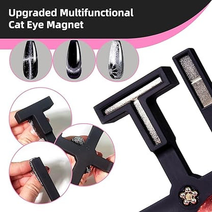 GV204 THR3E STROKES 5 in 1 Magnet for Cat Eye Gel Nail Polish, Multifunctional Magnetic Nail Tool, Upgraded Cross Cat Eye Magnet for Nail Designs 3D Cateye Nail Gel Strong Nail Art Magnet Home Salon  Color may Vary