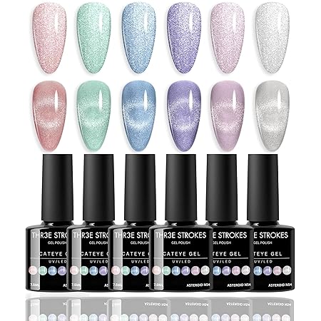 GV212 THR3E STROKES Gel NailPolish Cat Eye Gel Nail Polish Set, 6 Color Jelly Shimmer Glass Cat Eye Gel Nail Polish with Magnet Nude Reflective Clear Champagne Pink Purple Magnetic Gel Polish Gift Set 7ML (UV/LED LIGHT REQUIRED) (ASTEROID N54)