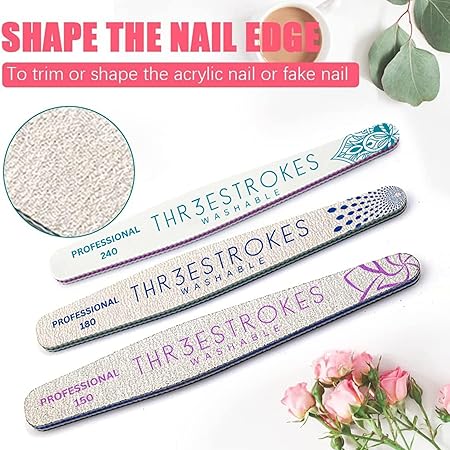 GV213 THR3E STROKES 6pc Nail File Set for Manicure, Nail Shaping & Polishing, Double-Sided 100/180 Grit, Orange Sanding Paper
