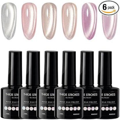 GV215 STROKES Cat Eye Gel Nail Polish Set for Pink Brown Glitter Holographic Cat Eye, Salon Gel Manicure and Nail Art DIY at Home, Bright Moonlight (ROSE SILK)