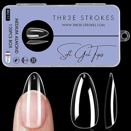 GV218 THR3E STROKES 120pcs Soft Gel Nail Tips, Gel X Nail Tips Clear Fake Nails Full Cover Soft Acrylic NailTips with Box for Extension Nail Manicure Salon Home DIY (Medium Almond)