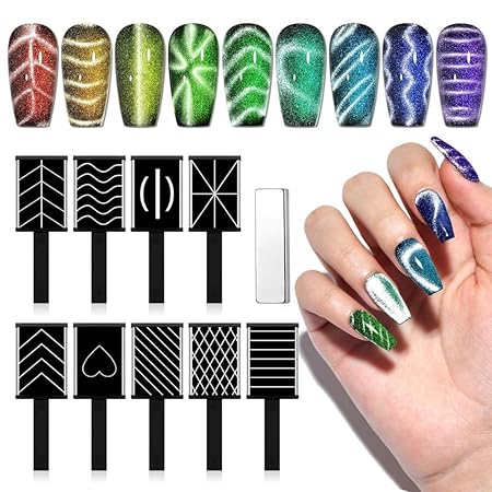GV229 THR3E STROKES Cat Eye Magnet Set for Nails, 10 Pieces, Magnetic Wand for Gel Polish, DIY Nail Art Tools