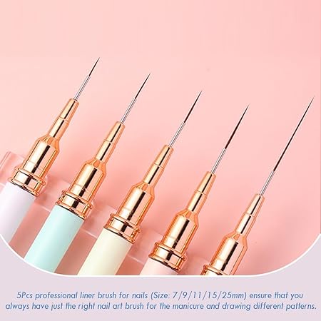 GV230 THR3E STROKES Nail Art Liner Brushes, 5Pcs Gel Polish Painting Art Design Pen Set Striping Brushes for Thin Long Lines, Tiny Details, Fine Drawing, Delicate Coloring Sizes 7/9/11/15/25mm (MIXED COLOR LINER BRUSH SET OF 5) Color may Vary