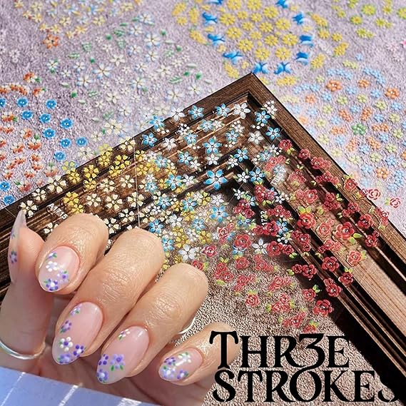 GV257 THR3E STROKES 30 Sheets Flowers Nail Art Stickers Decals 3D Self-Adhesive Colorful Flower Rose Daisy Cherry Blossoms Nail Stickers Design Flowers Nail Art Supplies Charms for Nail Art Tips (D19)