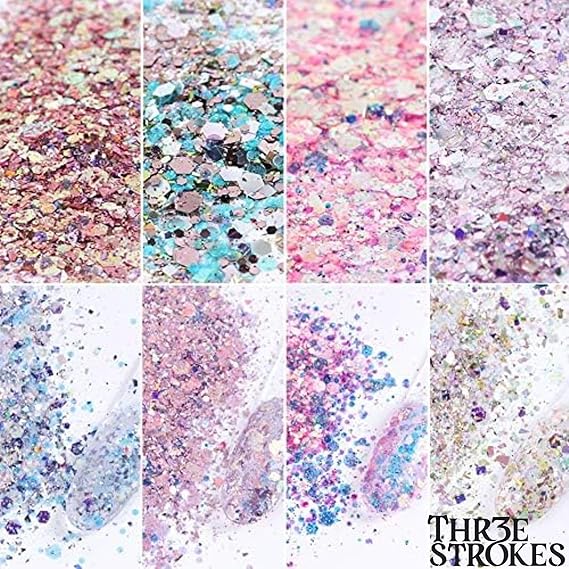 GV259 THR3E STROKES Holographic Nail Glitter Mermaid Powder, 8 Boxes/Set, Hexagon Flakes, Shiny Charms, Nail Art Pigment Dust Decoration, Manicure (D29)