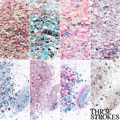 GV259 THR3E STROKES Holographic Nail Glitter Mermaid Powder, 8 Boxes/Set, Hexagon Flakes, Shiny Charms, Nail Art Pigment Dust Decoration, Manicure (D29)