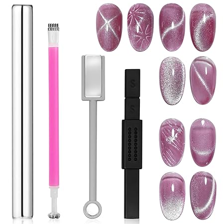 GV260 THR3E STROKES 4Pcs Cat Eye Magnet for Nails, Nail Magnets Cat eye Magnet for Nails Art, Double-Head Nail Magnetic Cat Eye Gel Nail Polish Magnet Wand Strong Suction Board Nail Manicure Tool Set for Salon DIY Home (4 PCS BIG SET)