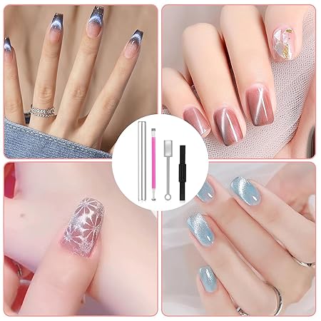 GV260 THR3E STROKES 4Pcs Cat Eye Magnet for Nails, Nail Magnets Cat eye Magnet for Nails Art, Double-Head Nail Magnetic Cat Eye Gel Nail Polish Magnet Wand Strong Suction Board Nail Manicure Tool Set for Salon DIY Home (4 PCS BIG SET)