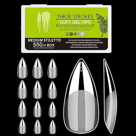 GV273 THR3E STROKES Soft GelNail Tips, Full Cover Clear Soft NailTips for Artificial False Nails Extension Nail Salons DIY NailArt with Box, 550PCS (MEDIUM STILLETO P5)
