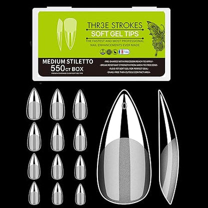 GV273 THR3E STROKES Soft GelNail Tips, Full Cover Clear Soft NailTips for Artificial False Nails Extension Nail Salons DIY NailArt with Box, 550PCS (MEDIUM STILLETO P5)
