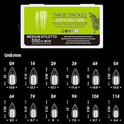 GV273 THR3E STROKES Soft GelNail Tips, Full Cover Clear Soft NailTips for Artificial False Nails Extension Nail Salons DIY NailArt with Box, 550PCS (MEDIUM STILLETO P5)