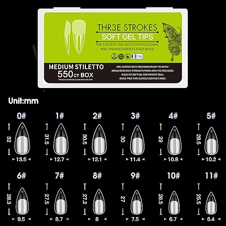 GV273 THR3E STROKES Soft GelNail Tips, Full Cover Clear Soft NailTips for Artificial False Nails Extension Nail Salons DIY NailArt with Box, 550PCS (MEDIUM STILLETO P5)