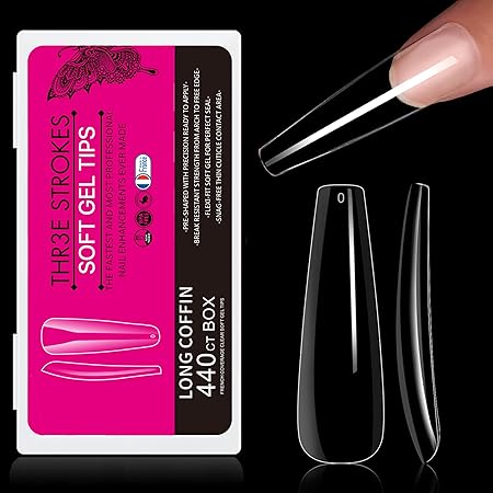 GV275 THR3E STROKES Soft Gel NailTips, Full Cover Clear Soft NailTips for Artificial False Nails Extension Nail Salons DIY NailArt with Box, 440PCS (LONG COFFIN N5)