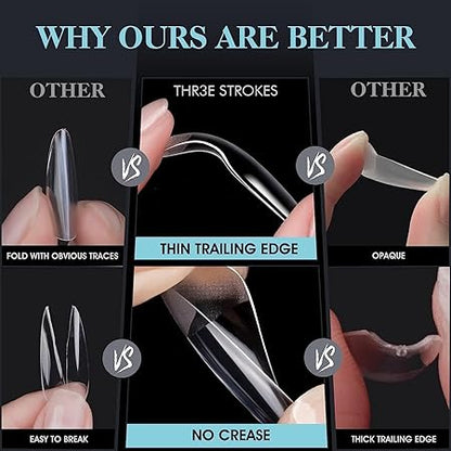 GV275 THR3E STROKES Soft Gel NailTips, Full Cover Clear Soft NailTips for Artificial False Nails Extension Nail Salons DIY NailArt with Box, 440PCS (LONG COFFIN N5)
