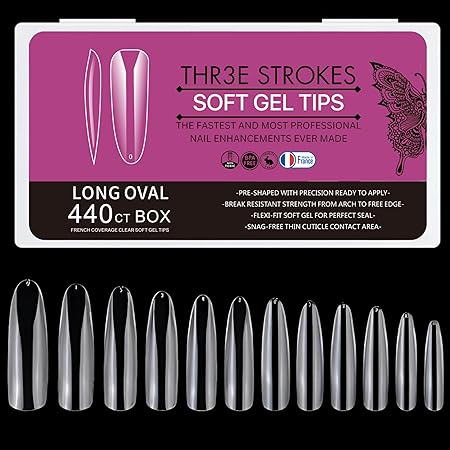 GV276 THR3E STROKES Soft Gel NailTips, Full Cover Clear Soft Nail Tips for Artificial False Nails Extension Nail Salons DIY NailArt with Box, 440PCS (LONG OVAL N8)