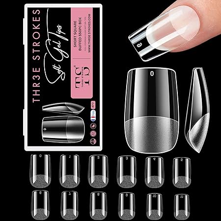 GV277 THR3E STROKES Soft Gel NailTips, Full Cover Clear Soft NailTips for Artificial False Nails Extension Nail Salons DIY Nail Art with Box, 550PCS (SHORT SQUARE P9)