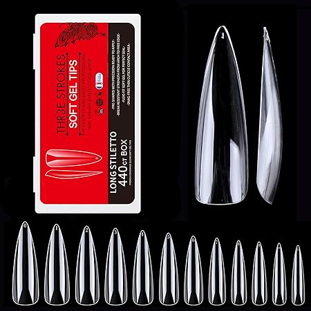 GV278 THR3E STROKES Soft Gel NailTips, Full Cover Clear Soft Nail Tips for Artificial FalseNails Extension Nail Salons DIY NailArt with Box, 440PCS (LONG STILETTO N11)