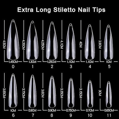 GV278 THR3E STROKES Soft Gel NailTips, Full Cover Clear Soft Nail Tips for Artificial FalseNails Extension Nail Salons DIY NailArt with Box, 440PCS (LONG STILETTO N11)