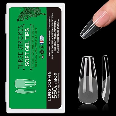 GV280 THR3E STROKES Soft Gel NailTips, Full Cover Clear Soft Nail Tips for Artificial False Nails Extension Nail Salons DIY NailArt with Box, 550PCS (LONG COFFIN P6)