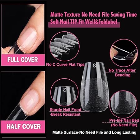 GV281 THR3E STROKES Soft Gel NailTips, Full Cover Clear Soft NailTips for Artificial False Nails Extension Nail Salons DIY NailArt with Box, 550PCS (SHORT COFFIN P7)