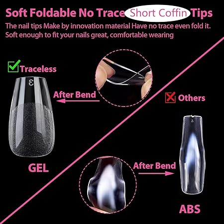 GV281 THR3E STROKES Soft Gel NailTips, Full Cover Clear Soft NailTips for Artificial False Nails Extension Nail Salons DIY NailArt with Box, 550PCS (SHORT COFFIN P7)