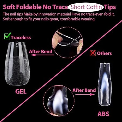 GV281 THR3E STROKES Soft Gel NailTips, Full Cover Clear Soft NailTips for Artificial False Nails Extension Nail Salons DIY NailArt with Box, 550PCS (SHORT COFFIN P7)