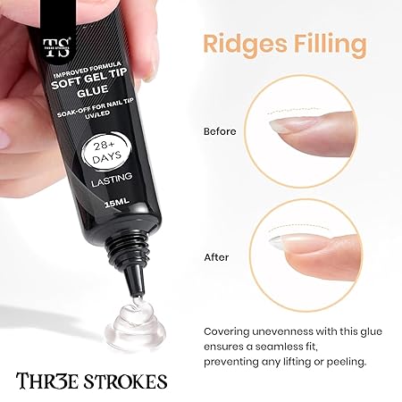 GV283 THR3E STROKES Upgrade 3 in 1 NailGlueGel for False NailTips, 20g Super Strong Nail GelGlue for NailExtension SoftGel NailTips and 3D NailArt RhinestoneGlue Soak Off UV NailGel Long Lasting
