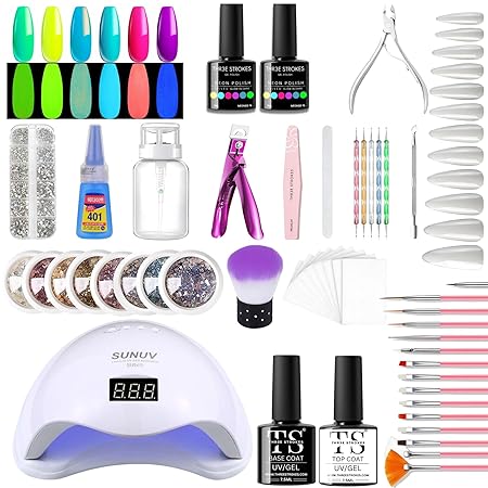 GV289 THR3E STROKES Moonstone Nail Extension Kit - 6 Gel Polishes (7.5ml) | 48V UV Nail Lamp | 500 Stiletto Nail Tips & Rhinestones | Professional Nail Art Tools | Base & Top Coat | DIY & Salon Use (MOONSTONE KIT) (NEONGD76)