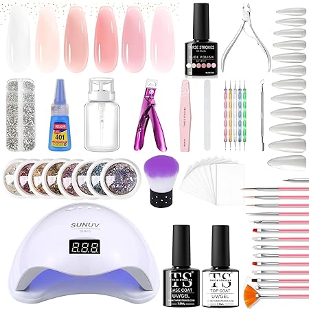 GV292 THR3E STROKES Moonstone Nail Extension Kit - 6 Gel Polishes (7.5ml) | 48V UV Nail Lamp | 500 Stiletto Nail Tips & Rhinestones | Professional Nail Art Tools | Base & Top Coat | DIY & Salon Use (MOONSTONE KIT) (NUDE 234)
