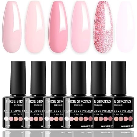 GV306 THR3E STROKES Gel Nail Polish, Nude Pink 6 Colors Gel Nail Polish Set Neutral Glitter Nail Polish Gel Classic Nude Sheer Pink Gel Polish LED Nail Art Manicure Soak Off DIY Salon Gifts for Women Girls (FAIRY LOVE 89, 15ml)