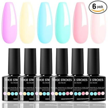 GV307 THR3E STROKES Gel Nail Polish Set, 6 Colors 2024 Spring Gel Polish Kit Bright Pastel Macaron Candy Nail Polish Gel Pink Mint Green Blue Purple Gel Nail Soak Off Nail Art Manicure Gift DIY Salon ( Venus Pastel )