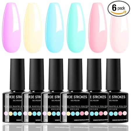 GV307 THR3E STROKES Gel Nail Polish Set, 6 Colors 2024 Spring Gel Polish Kit Bright Pastel Macaron Candy Nail Polish Gel Pink Mint Green Blue Purple Gel Nail Soak Off Nail Art Manicure Gift DIY Salon ( Venus Pastel )