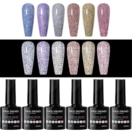 GV321 THR3E STROKES Gel Nail Polish Set - 6 Colors Gel Polish Glitter Gel Polish Sparkle Nail Polish Gel Manicure DIY Salon Nail Art Gifts (DISCOPAL, 7.5ML)