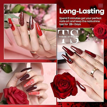 GV323 THR3E STROKES Gel Nail Polish Set - 6 Colors Gel Polish Glitter Burgundy Sparkle Bloody Red Nail Polish Gel Manicure DIY Salon Nail Art Gifts (ROJA RED 888), 7.5 ml, Glossy Finish