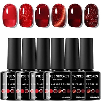 GV325 THR3E STROKES Gel Nail Polish Set - 6 Colors Gel Polish Glitter Gel Polish Sparkle Nail Polish Gel Manicure DIY Salon Nail Art Gifts (RED ALLURE, 7.5ML)