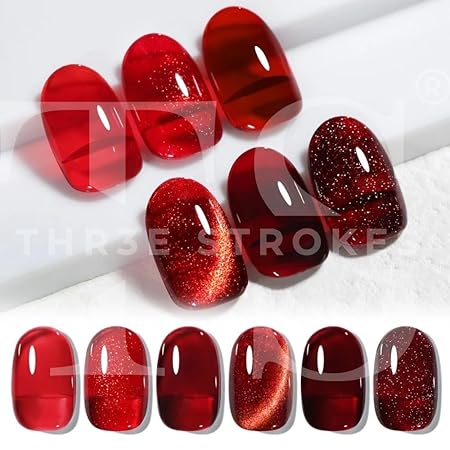 GV325 THR3E STROKES Gel Nail Polish Set - 6 Colors (3 Glass, 2 Glitter & 1 Cat Eye) UV LED Soak Off Gel Polish for DIY Salon Nail Art Manicure, RED ALLURE, 7.5ML Each