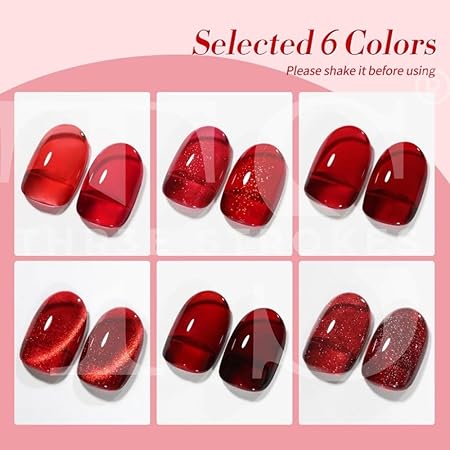 GV325 THR3E STROKES Gel Nail Polish Set - 6 Colors (3 Glass, 2 Glitter & 1 Cat Eye) UV LED Soak Off Gel Polish for DIY Salon Nail Art Manicure, RED ALLURE, 7.5ML Each